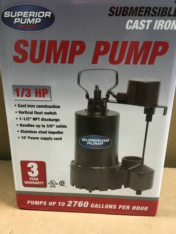 lot 28 image: Superior Pump 13 HP Submersible Cast Iron Sump Pump not used