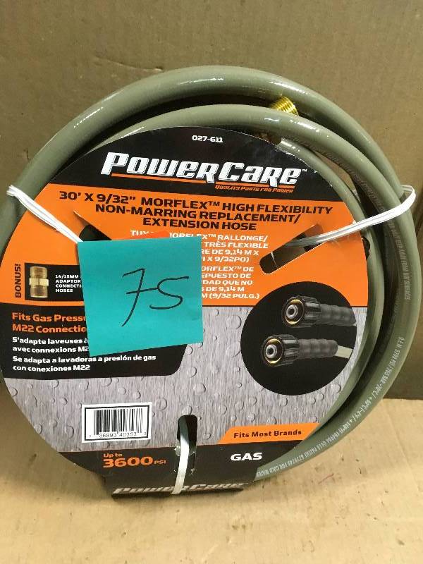 lot 75 image: Power Care 3,600 psi 932 in. x 30 ft. ReplacementExtension Hose with Adapter for Gas Pressure Washer  in good condition