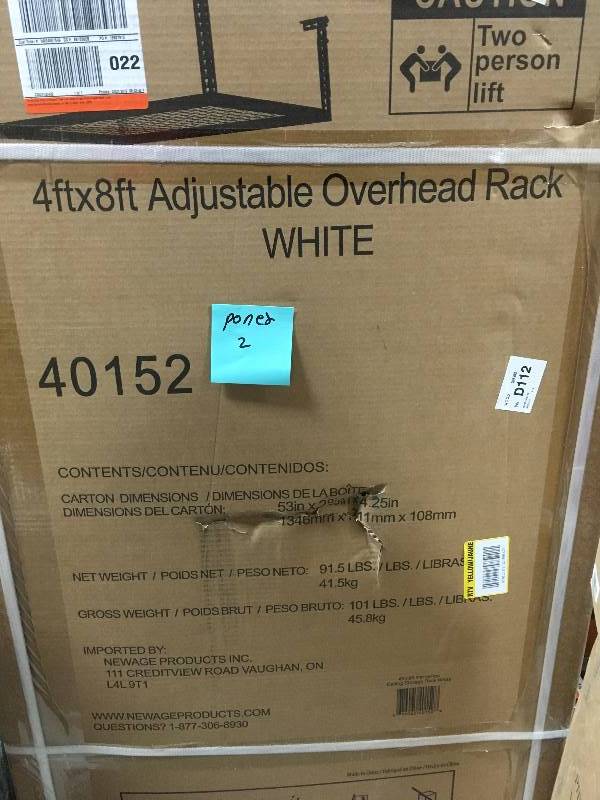 lot 87 image: NewAge Products Performance 96 in. L x 48 in. W x 42 in. H Adjustable VersaRac Ceiling Storage Rack in White QTY 2 not used