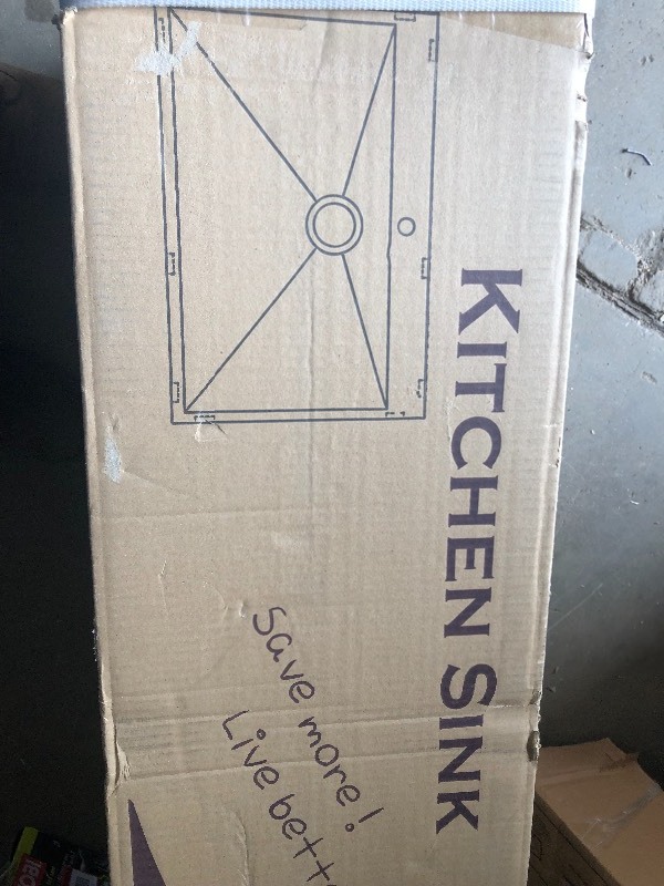lot 103 image: Handcrafted All-in-One Drop-In Stainless Steel 32 in. x 18 in. x 9 in. Single Bowl Kitchen Sink with Drain and Tray not used open box