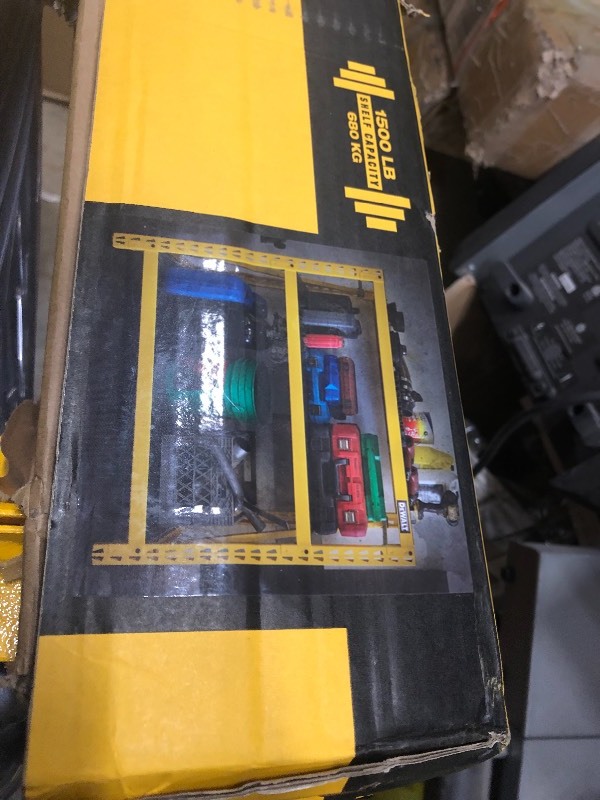 lot 107 image: DEWALT 48 in. H x 50 in. W x 18 in. D 3-Shelf Steel  Laminate Expandable Industrial Storage Rack Unit in Yellow Model#  DXST4500 not used