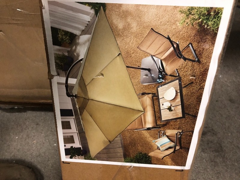 lot 114 image: Hampton Bay 8 ft. Square Aluminum Cantilever Offset Patio Umbrella in Putty not used
