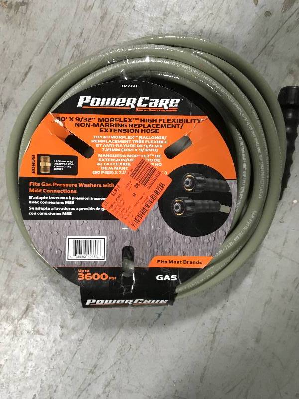 lot 4 image: Power Care 3,600 psi 932 in. x 30 ft. ReplacementExtension Hose with Adapter for Gas Pressure Washer not used
