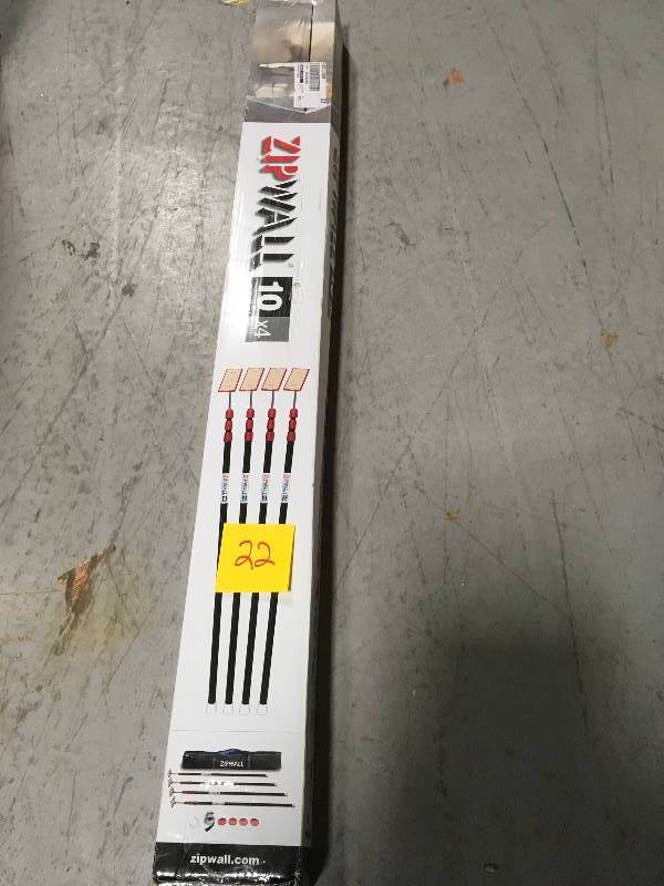 lot 22 image: ZipWall ZP4 Contains 4 10 ft. Steel Spring Loaded Poles 4-Heads, 4-Plates, 4-Tethers, 4-Grip Disks, 2-Zippers and 1-Carry Bag in good condition