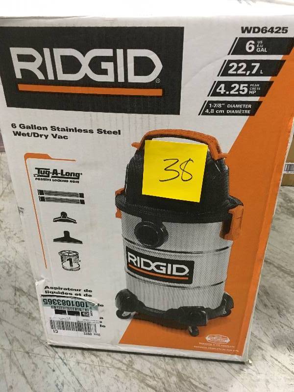 lot 38 image: RIDGID 6 Gal. 4.25-Peak HP Stainless Steel Wet Dry Vac in good condition