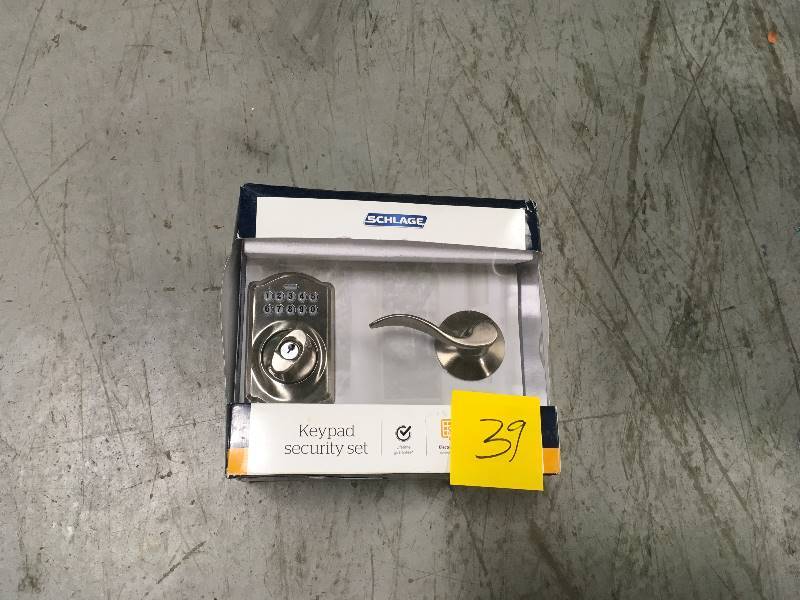 lot 39 image: Schlage Camelot Satin Nickel Electronic Door Lock Deadbolt with Accent Door Lever in good condition