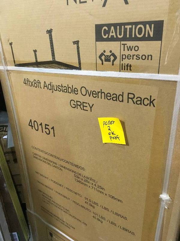 lot 59 image: NewAge Products Performance 96 in. L x 48 in. W x 42 in. H Adjustable VersaRac Ceiling Storage Rack in Gray QTY 2 not used
