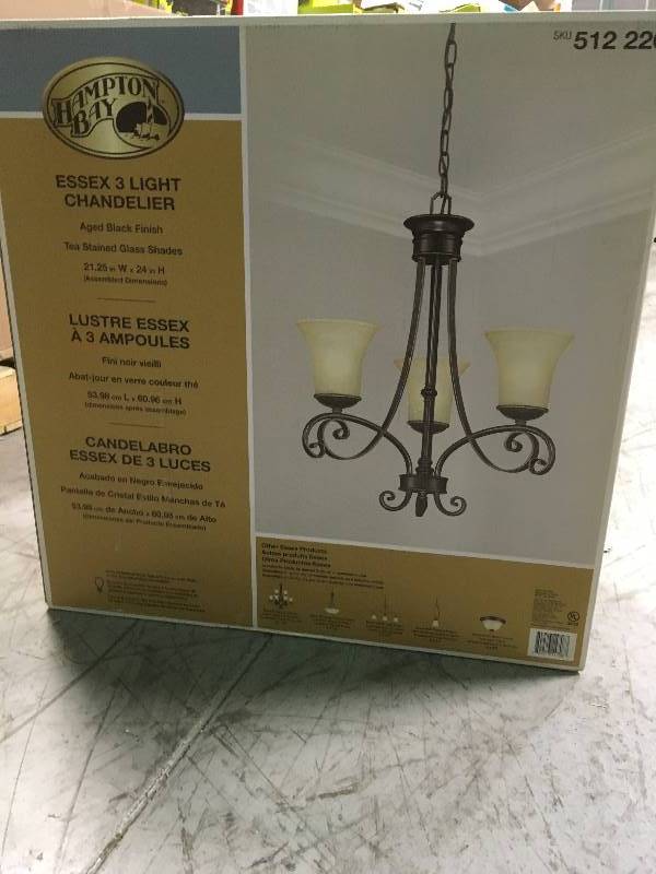 lot 60 image: Hampton Bay Essex 3-Light Aged Black Chandelier with Tea Stained Glass Shades not used