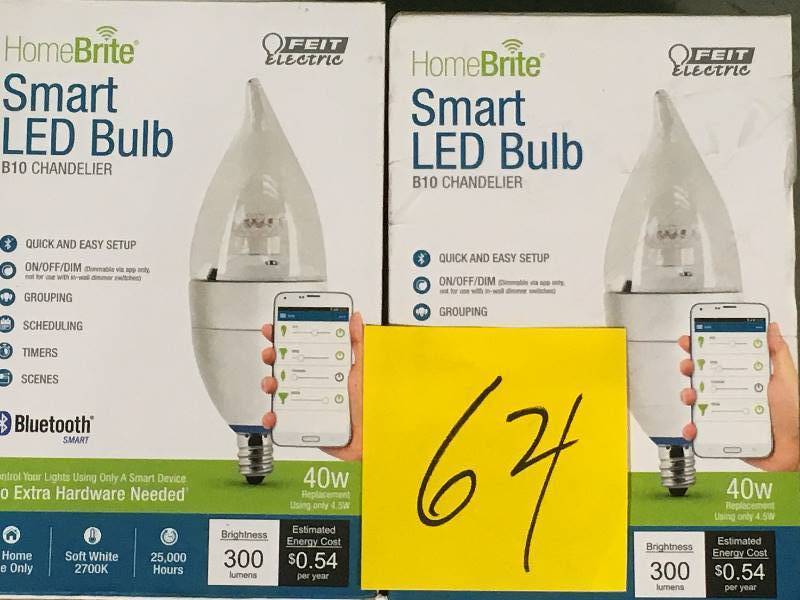 lot 64 image: Feit Electric HomeBrite 40W Equivalent Soft White (2700K) B10 Candelabra Dimmable Bluetooth Smart LED Light Bulb QTY 2 not used