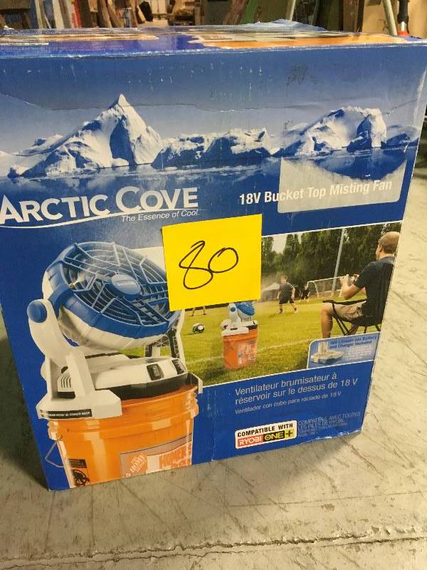 lot 80 image: Arctic Cove 18-Volt 2 Speed Misting Bucket Top Fan