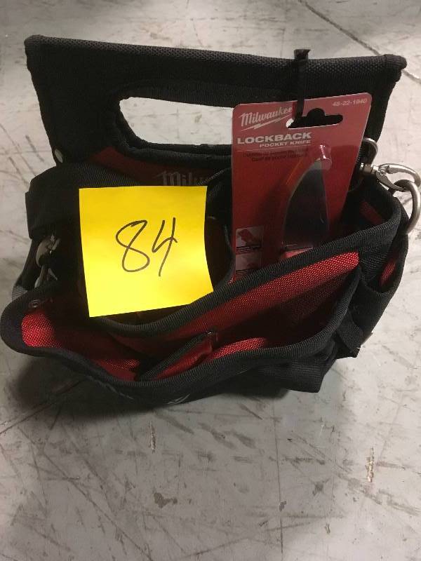lot 84 image: Milwaukee 15-Pocket Electricians Work PouchHolster with Quick Adjust Belt with 3 in. Lockback Knife