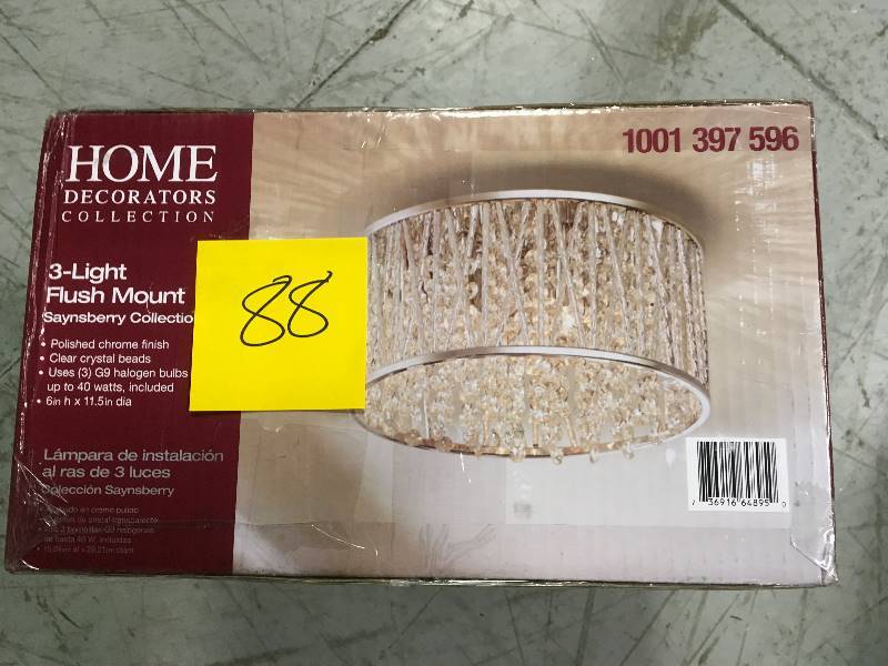 lot 88 image: Home Decorators Collection 11.5 in. 3-Light Polished Chrome and Crystal Drum Shape Flush Mount in good condition