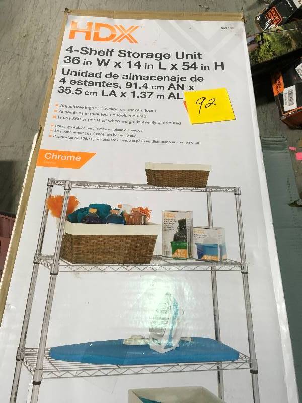 lot 92 image: HDX 54 in. H x 36 in. W x 14 in. D 4 Shelf Wire Unit in Chrome in good condition