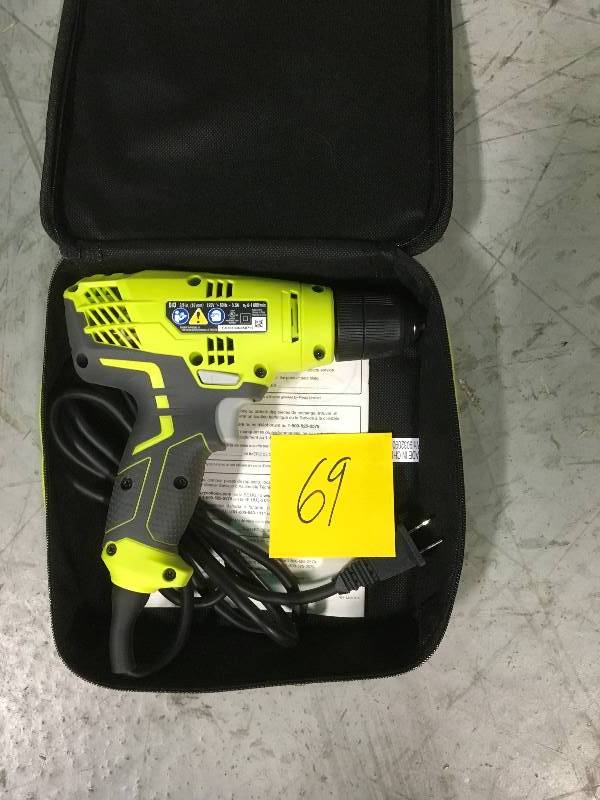 lot 69 image: RYOBI 5.5 Amp Corded 38 in. Variable Speed Compact DrillDriver with Bag in good condition