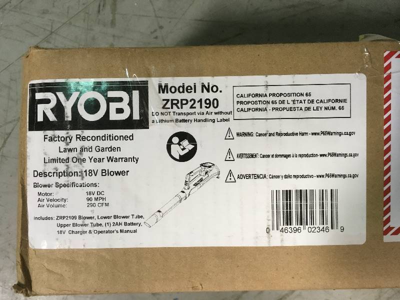 lot 77 image: RYOBI Reconditioned ONE 90 MPH 200 CFM 18-Volt Lithium-Ion Cordless Leaf Blower - 2.0 Ah Battery and Charger Included  in good condition