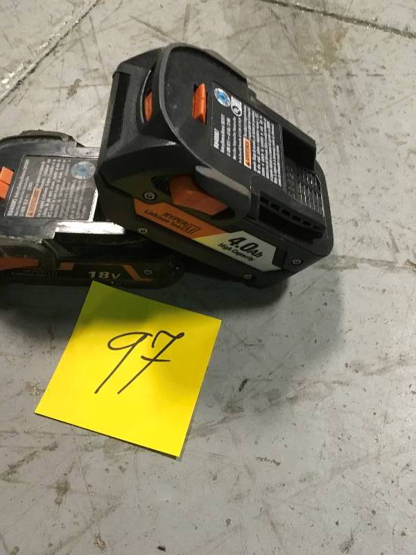 lot 97 image: (1) RIDGID 12-Volt HYPER Lithium-Ion Battery Pack 4.0Ah & (1) RIDGID 18-Volt HYPER Lithium-Ion Battery Pack 2.0Ah in good condition