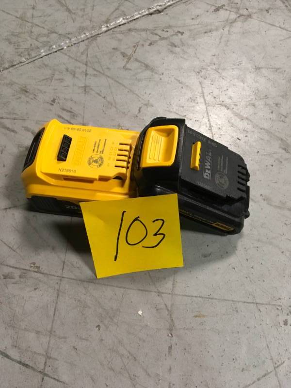lot 103 image: (1)DEWALT XR Battery Pack 4Ah & (1) DEWALT 20-Volt Batteries 1.5Ah in good condition