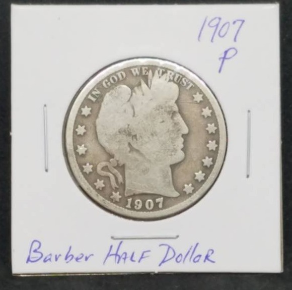 lot 16 image: 1907 - P Barber Half Dollar