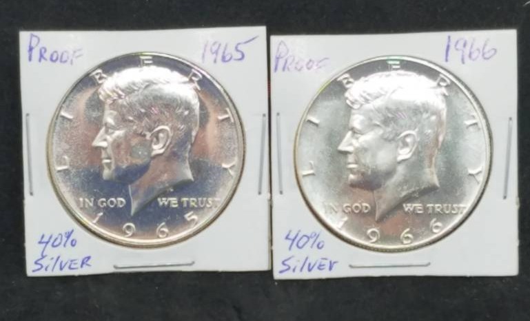 lot 51 image: 1965 & 1966 Proof Kennedy Half Dollar 40% Silver