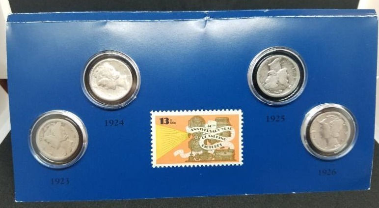 lot 53 image: American Historic Society Mercury Dime & Stamp Set 1923 - 1926