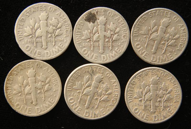 GROUP OF 5 EARLY ROOSEVELT DIMES 1946 1946-S 1948 1949-S 1953-S 1955-D