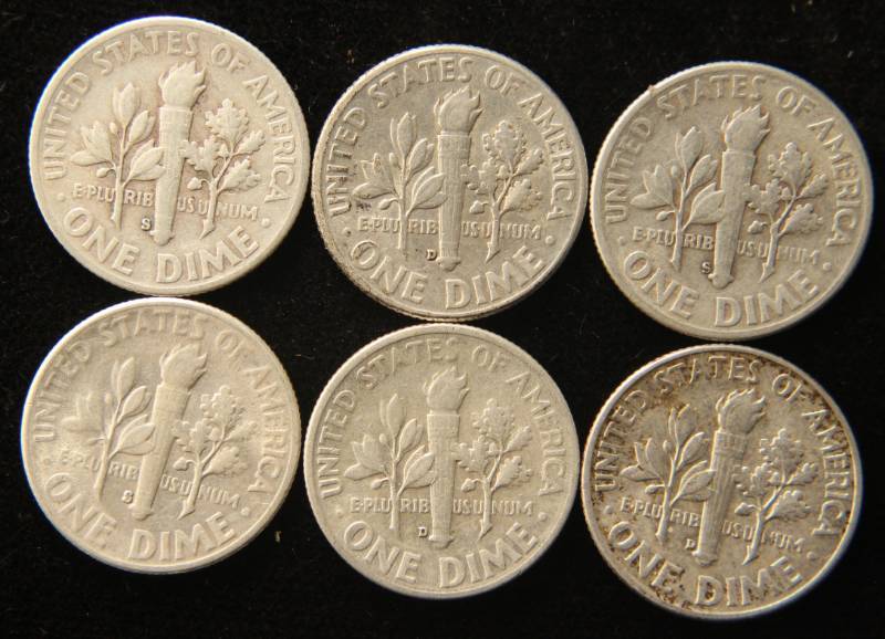 GROUP OF 6 EARLY ROOSEVELT DIMES 1947-S 1949-D 1952-S 1954-D 1955-D 1957-D