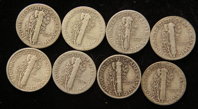 GROUP OF 8 MERCURY DIMES AS PICTURED