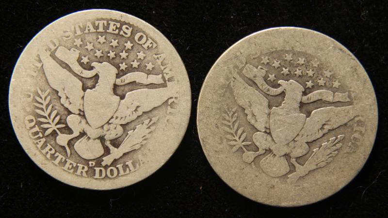2 BARBER SILVER QUARTERS 1907-D 1913-D