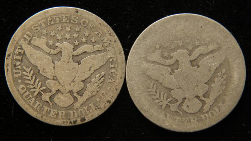 2 BARBER SILVER QUARTERS 1897 1899