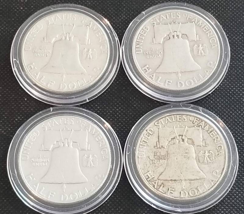 4 FRANKLIN HALF DOLLARS IN AIRTITES 1950 1960-D 1962-D 1963-D