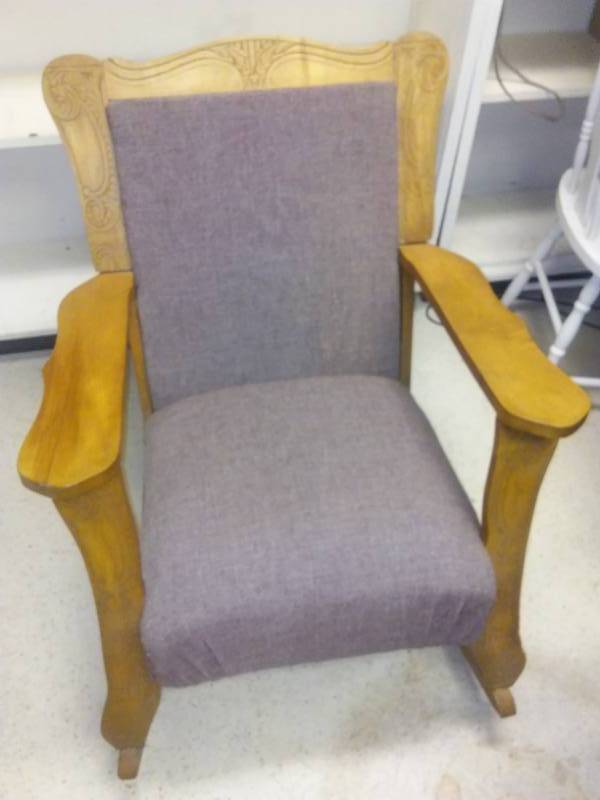 lot 1 image: Carved Wood and Cloth Vintage Rocker.