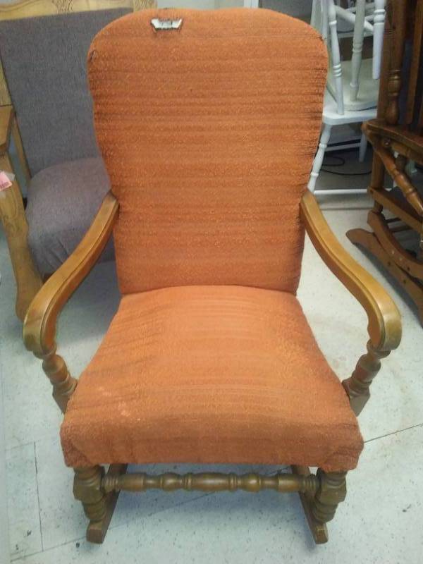 lot 2 image: Wood and Orange Cloth Vintage Rocker.