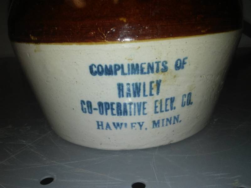 lot 57 image: Bean pot crock, Hawley Cooperative elevator company Hawley Minnesota Co-op.
