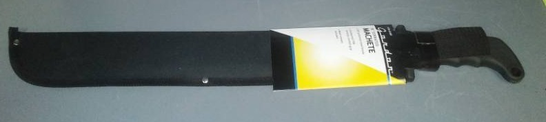 lot 132 image: New 18 inch serrated machete with sheath.