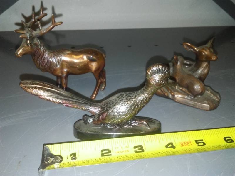 lot 157 image: 3 brass animals, elk, deer, Roadrunner.