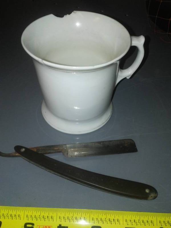 lot 181 image: Antique shave mug and straight edge razor, Henry Sear, S&S, 1865, Civil War era.
