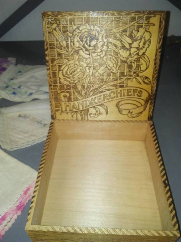 lot 191 image: Handkerchiefs, Hanky hinged wood box,