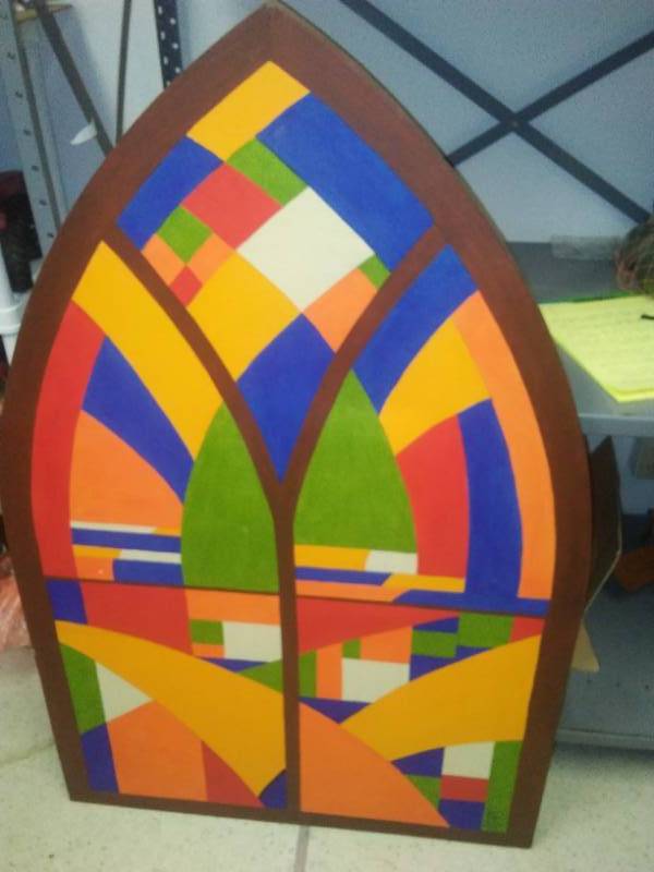 lot 195 image: Arched Stain glass looking Painting on Canvas