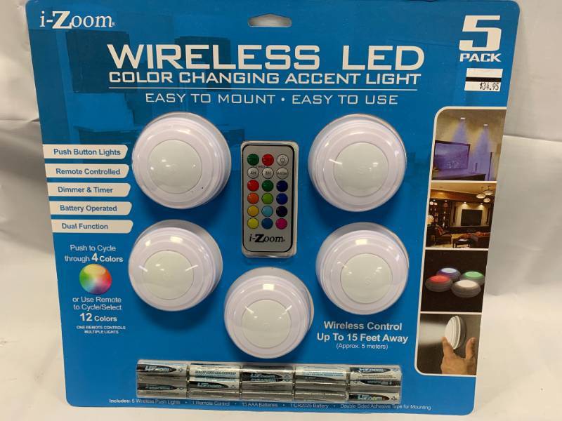lot 1 image: Wireless Color Changing LED 5 Pack Puck Lights