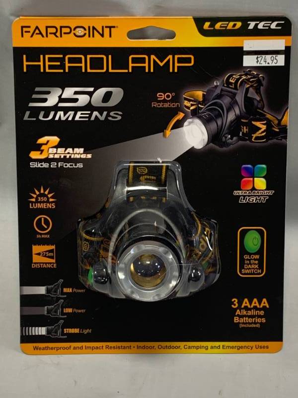 lot 2 image: Farpoint LED Headlamp w 3 Settings (batteries included)