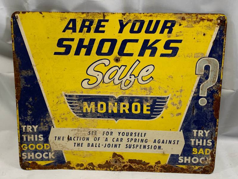 lot 60 image: Vintage Monroe Shocks Heavy Gauge Metal Sign 13 x 17