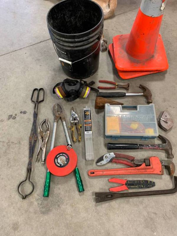 lot 95 image: Large Tool Lot, Bucket, and Traffic Cones