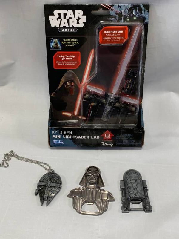 lot 102 image: Star Wars Light Saber & 2 Metal Bottle Openers & Necklace