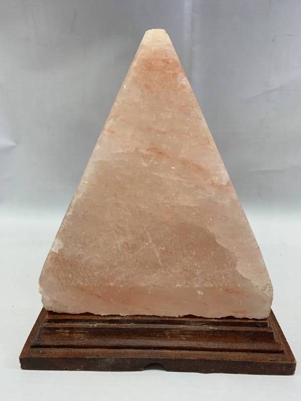 lot 108 image: Himalayan Salt Lamp Pyramid with Light & Wood Base New