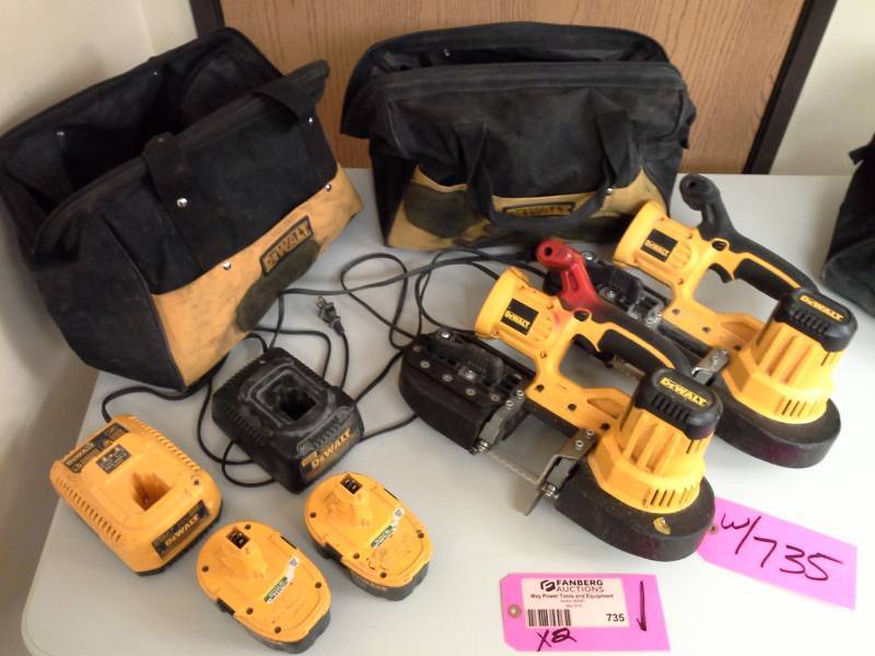 lot 735 image: Lot of (2) DeWalt DCS370 18V Cordless Band Saw with Battery, Charger, Case
