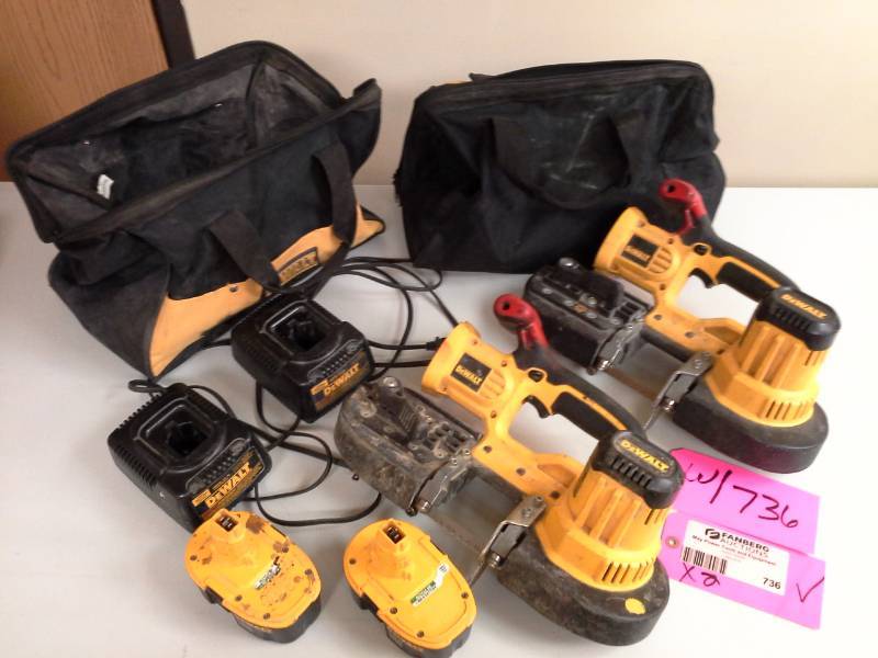 lot 736 image: Lot of (2) DeWalt DCS370 18V Cordless Band Saw with Battery, Charger, Case