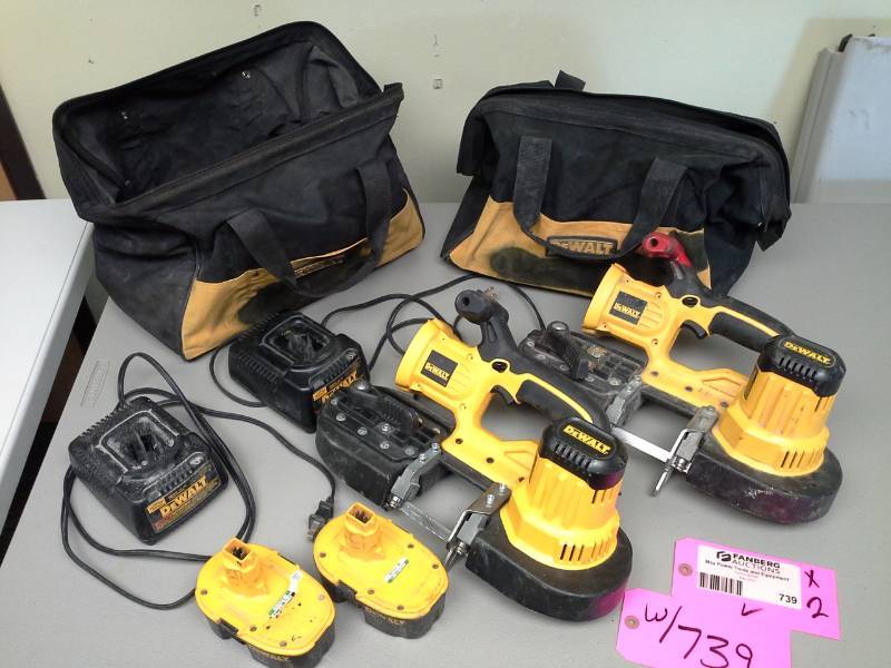 lot 739 image: Lot of (2) DeWalt DCS370 18V Cordless Band Saw with Battery, Charger, Case