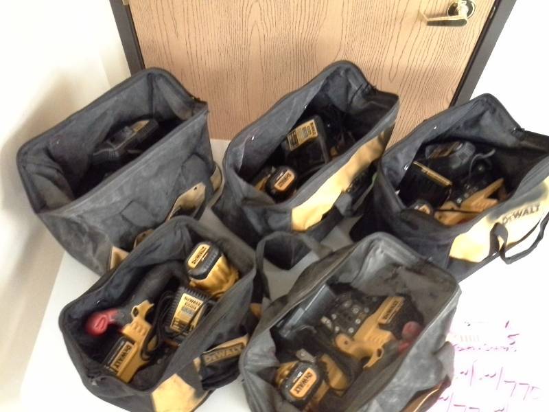 lot 770 image: Lot of (5) DeWalt DCS371 20V Cordless Band Saw with Battery, Charger, Case