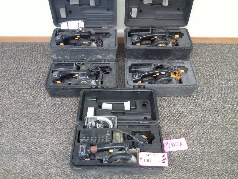 lot 803 image: Lot of (5) Panasonic 15.6VDC Cordless 5-34in. Metal Cutter EY3530, Battery, Charger, Case