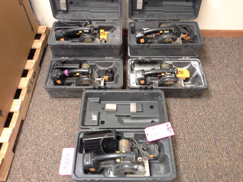 lot 804 image: Lot of (5) Panasonic 15.6VDC Cordless 5-34in. Metal Cutter EY3530, Battery, Charger, Case
